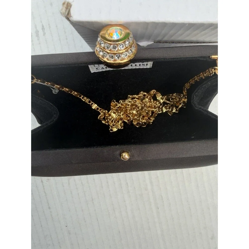 Vintage Carlo Pellini Black Satin Evening Clutch Purse Gold Chain Rhinestone